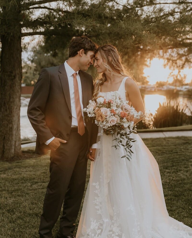 Bride and Groom with Garden-Inspired Bouquet from My Beloved Floral in Nampa, Idaho