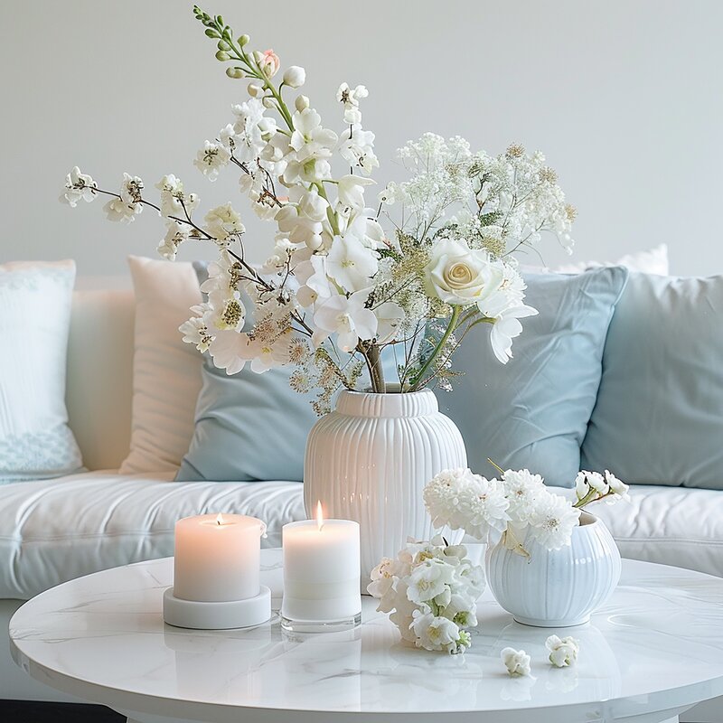 A calming desk scene with white flowers in a ceramic vase, soft blue pillows, and glowing candles — representing balance, peace, and creativity for bloggers building a business from home