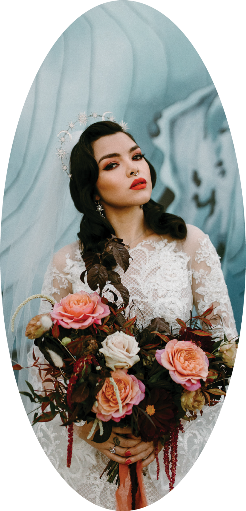 bride with red lipstick and bouquet