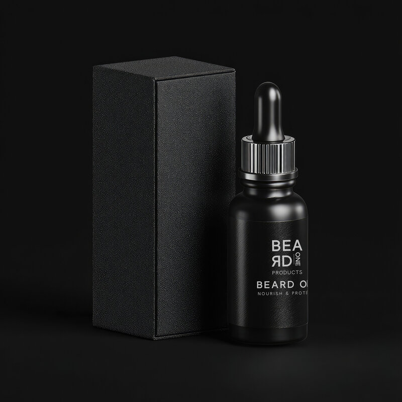 Black Beard One Products beard oil bottle with dropper and packaging on a black background