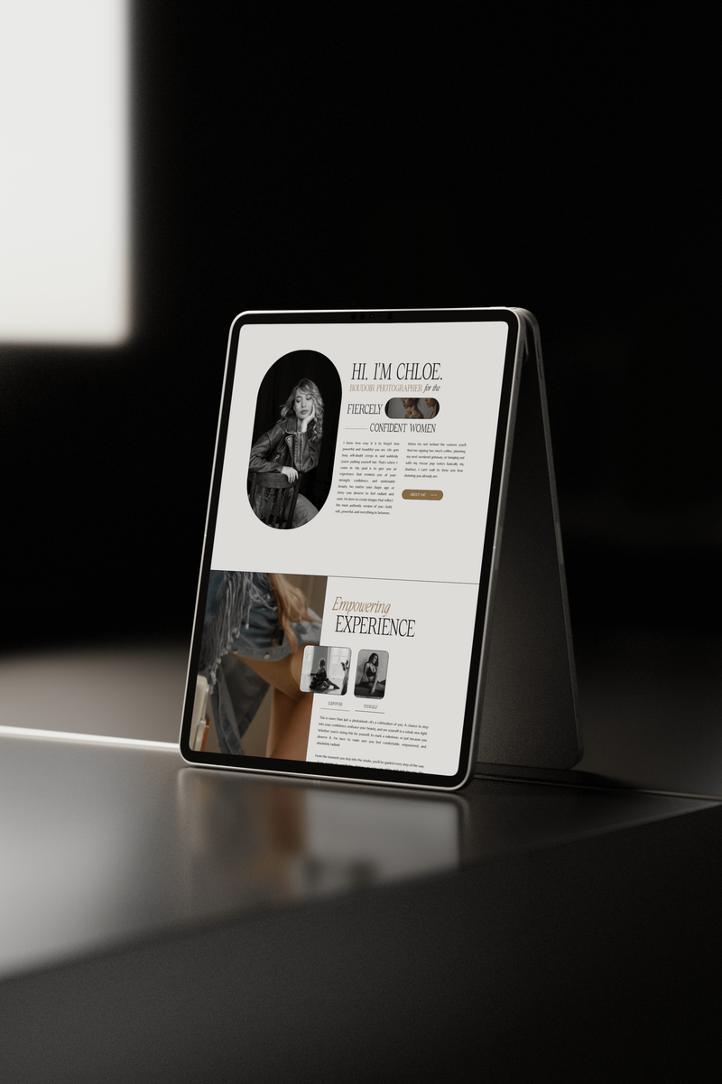 Chloe Showit website template for photographers featuring a bold, luxurious design—perfect for showcasing portfolios and attracting high-end clients.