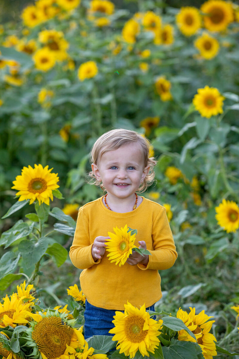 little girl smiling in sunflower field