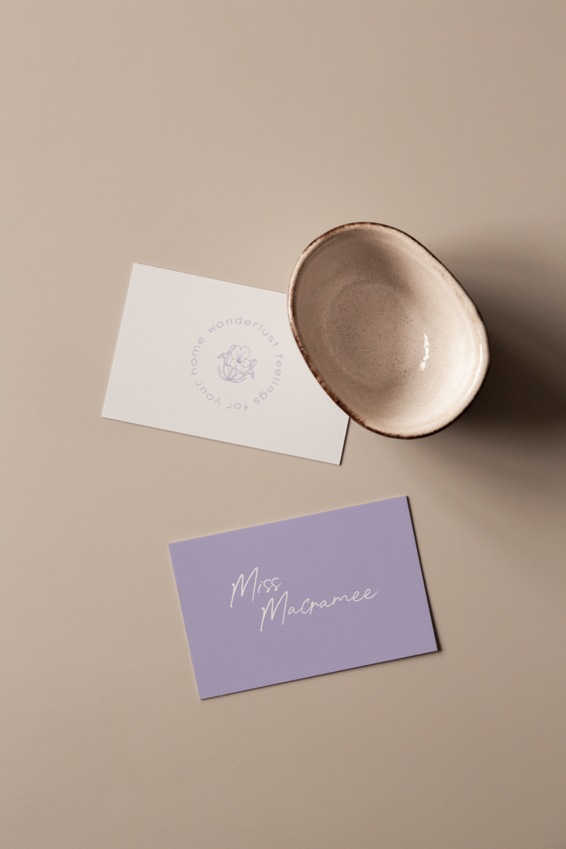 MissMacramee feminine brand identitiy and logo design on business cards mockup