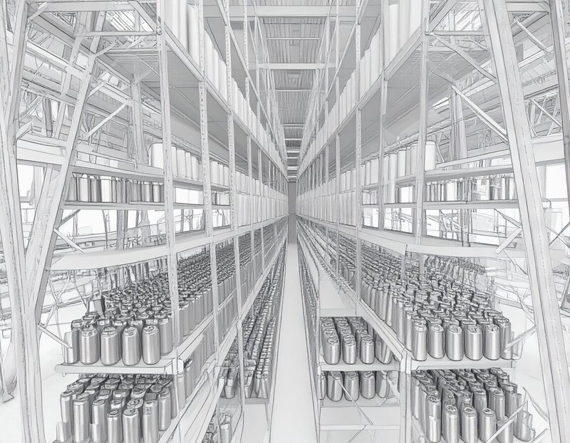 Illustration of cans stacked from floor to ceiling