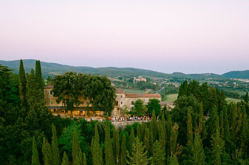 An aerial drone photo of a wedding at Laticastelli in Tuscany Italy