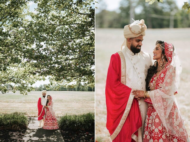 South Asian couple pose for photos outside in New Jersey.