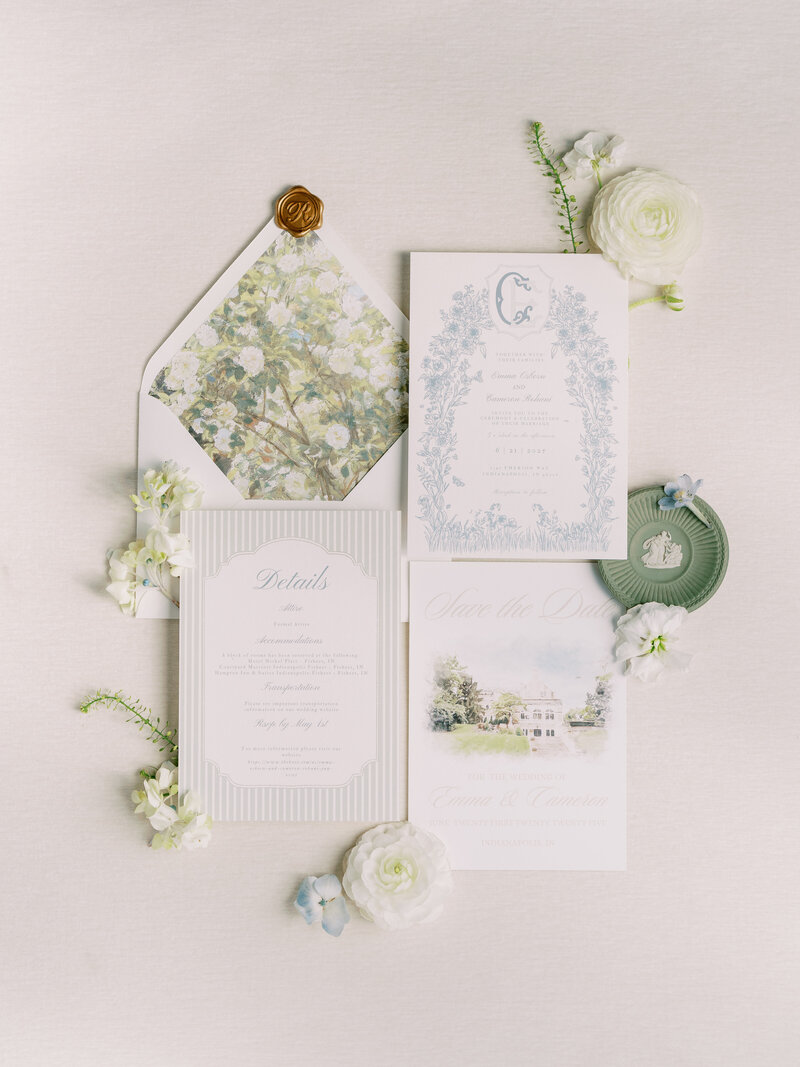 luxury wedding invitation suite in green and blue color palette