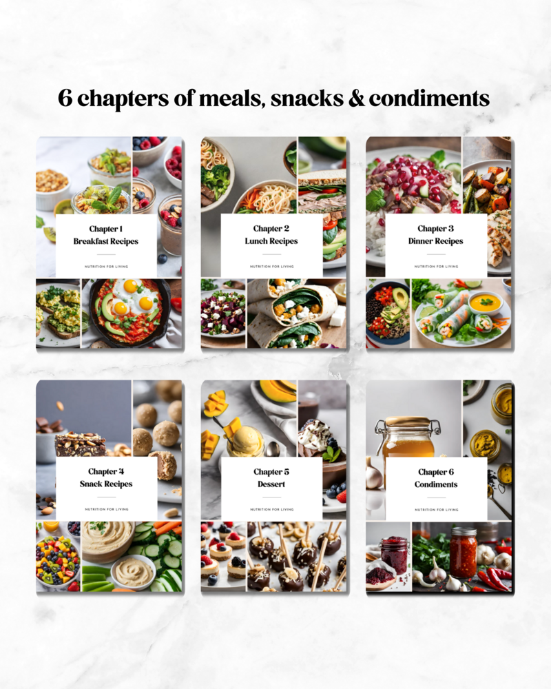 Discover the joys of gut-friendly nutrition with our extensive E-Cookbook, divided into 6 engaging chapters. Each section is filled with delicious breakfast, lunch, dinner, snack, and dessert recipes, along with essential condiments, all designed to support and nourish your digestive system.