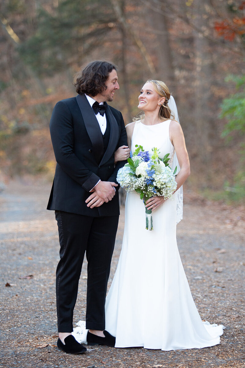 Bride and Groom on Forbidden Drive at Valley Green Inn Wedding