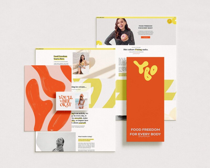 A set of promotional materials for "YBO," including flyers and brochures showcasing diverse individuals and text about food freedom and body positivity. Designed by professional website designers for small businesses, the main brochure is orange with the slogan "Food Freedom For Every Body.