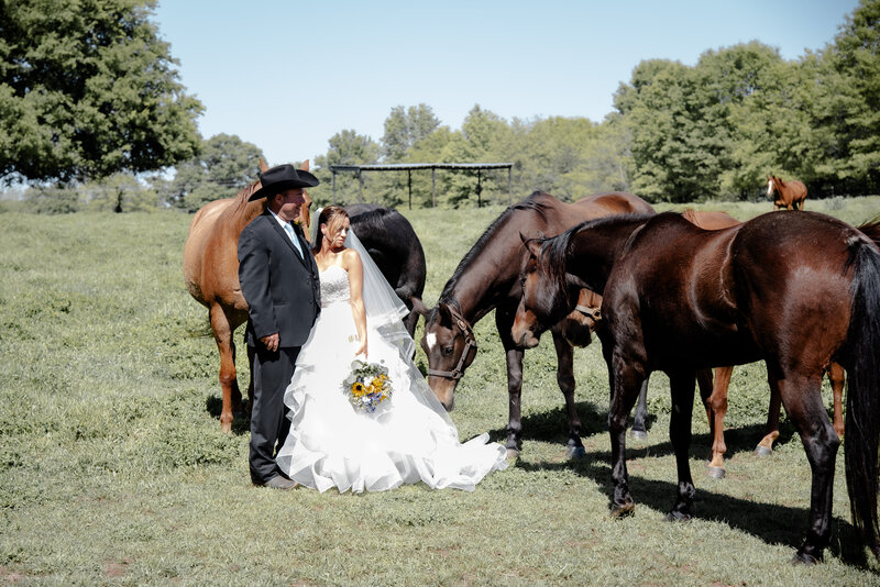 Horse Trainers Jason and Jamie English surrounded by herd of horses during wedding portrait in field