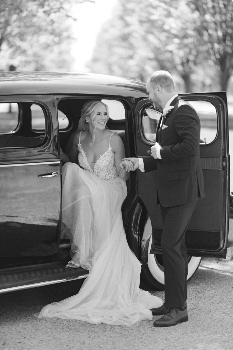 Bride and groom walk up memorial steps at their DC wedding