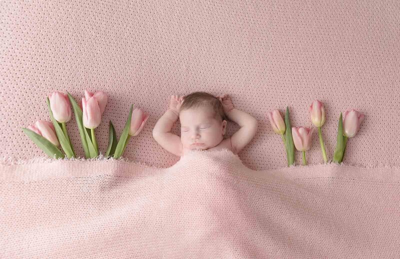 Grey Loft Studio - Bethany and Luc Barette - Wedding Photography Wedding Videography Ottawa - Baby girl newborn session in studio pink fabric tulips