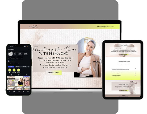 Funnel and content creation mockup for Coach Flora, including mobile and tablet screens showcasing sales page and branded visuals