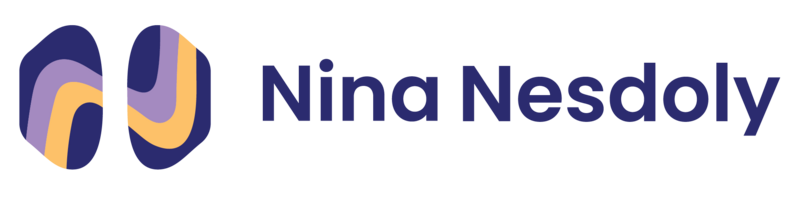 Purple and orange abstract NN icon with Nina Nesdoly text in dark blue.