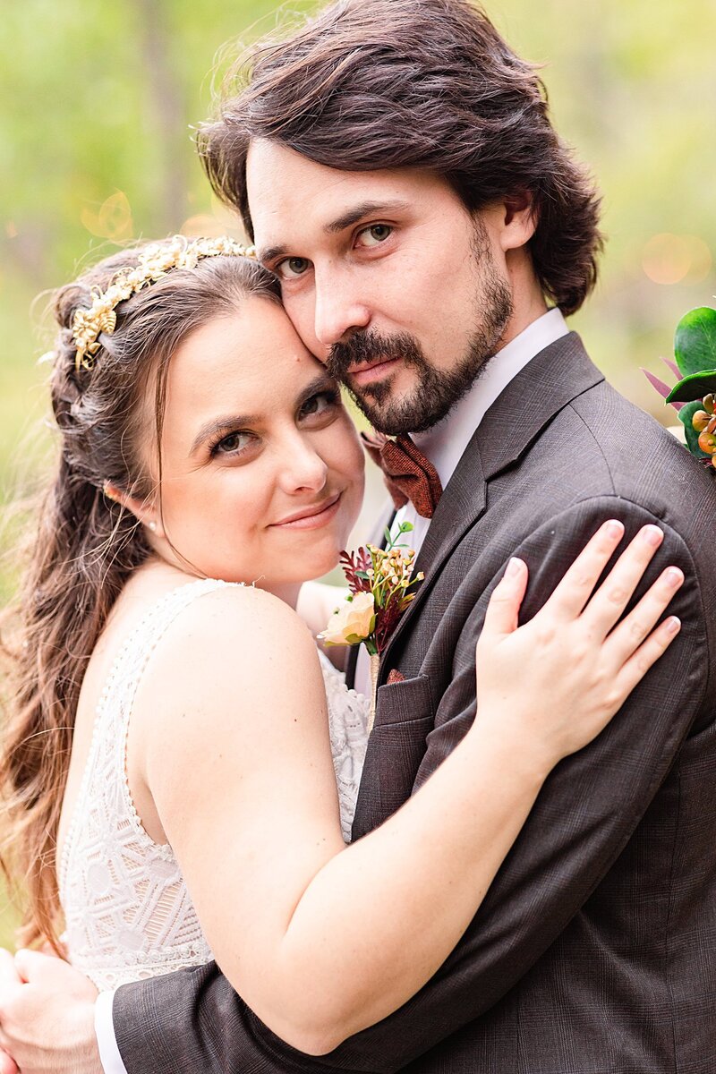 Close up portrait of bride and groom at Avonlea Farms in Richmond, Virginia.