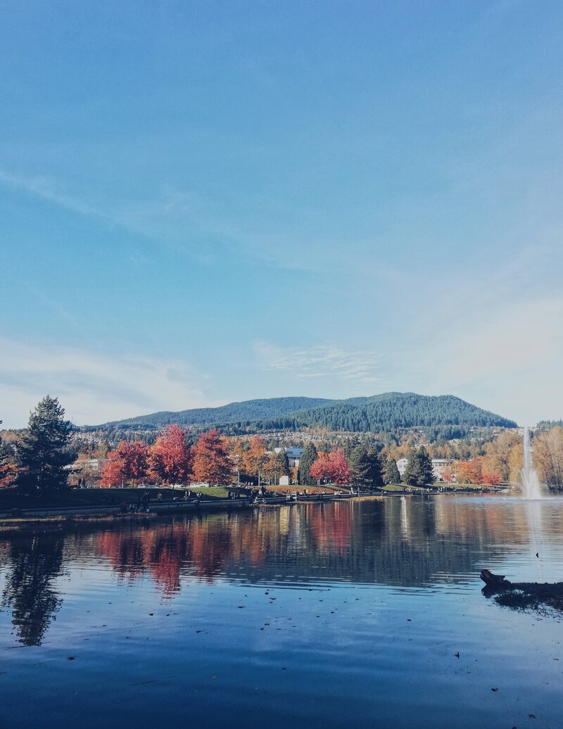 Lefarge Lake, Coquitlam lined with fall foliage