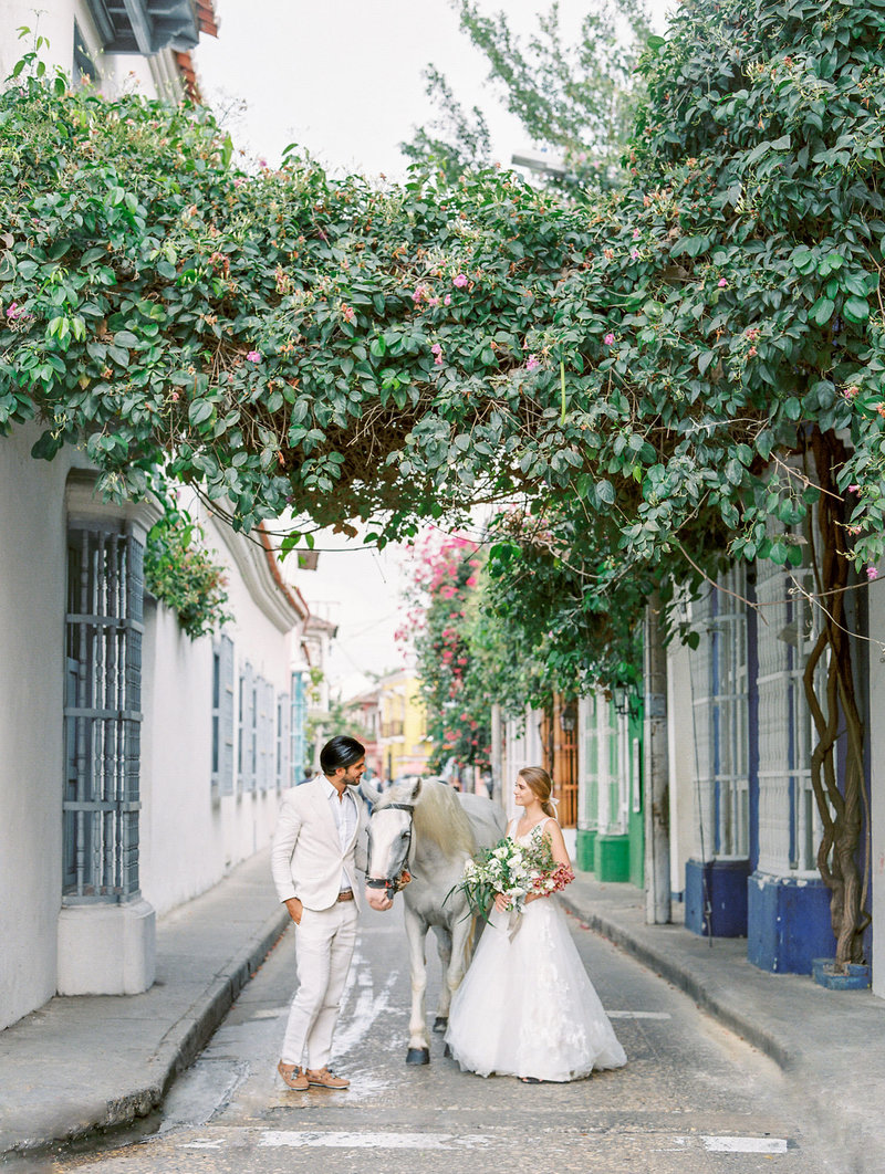 Cartagena-destination-wedding-street-portrait-bride-groom