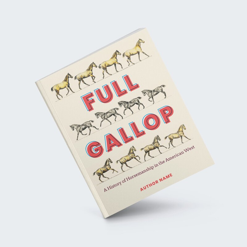 a mockup of a book about the history of horsemanship in the american west designed with vintage illustrations