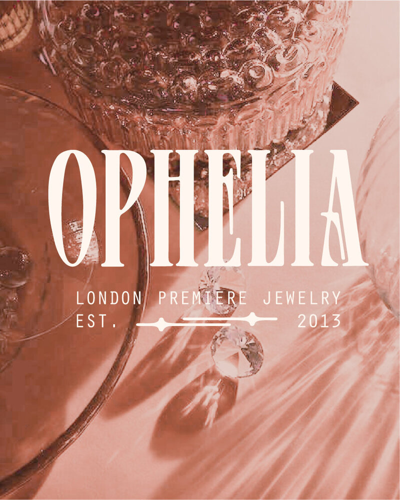 crystal glassware and a pair of diamonds all with light reflected through and the logo for ophelia fine jewelry