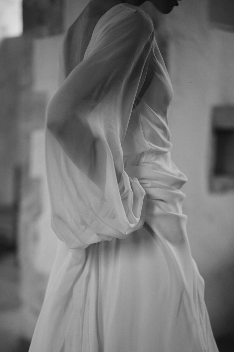 Benjamin Wheeler photography of bride wearing handmade long silk v neck wedding dress