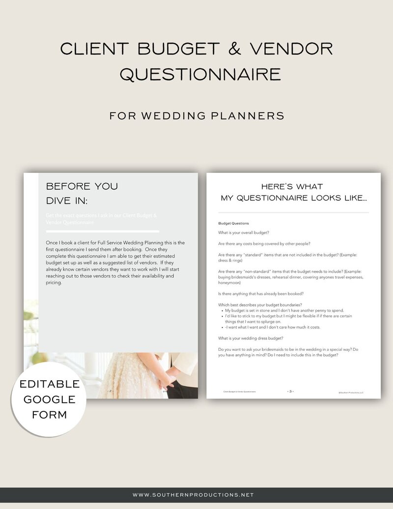 Wedding Budget and Vendor Questionnaire Template | Southern Productions ...
