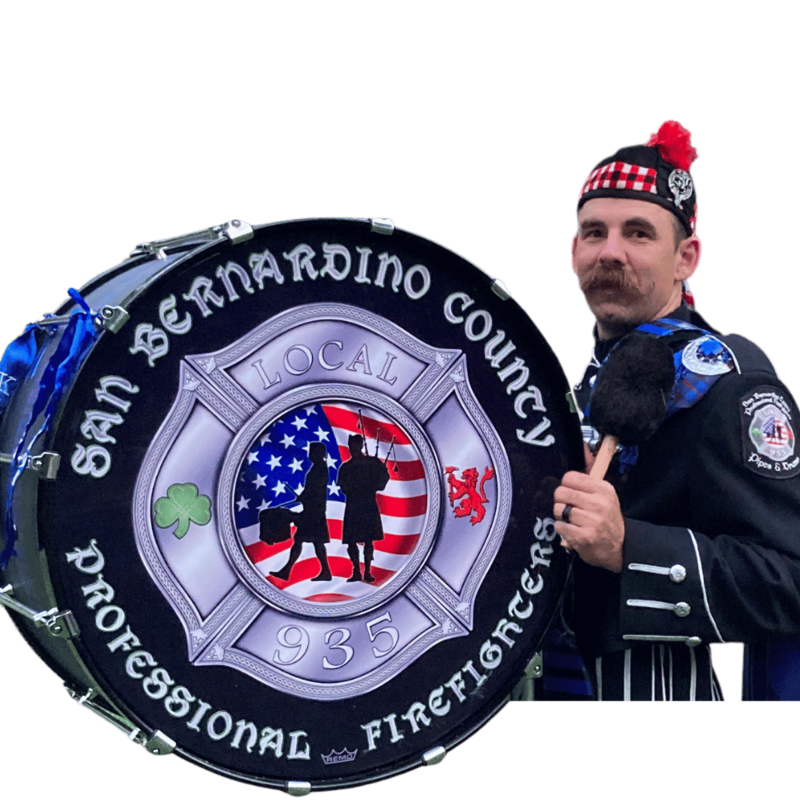 Matt Nadalet, bass drummer for Local 935 Pipes and Drums, confidently playing it 'something like this' (even if it’s wrong).