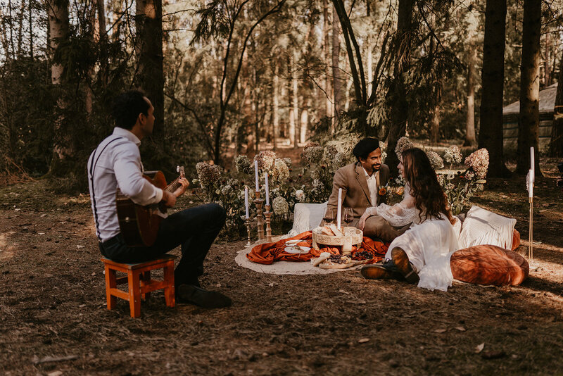 Bruidspaar bij een picnic met muziek