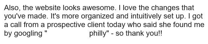 Text of SEO client expressing wins after working with Julia Renee Consulting