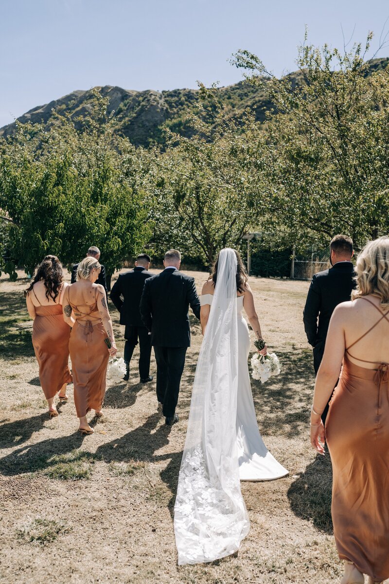 a bridal party walking away in the sunshine at the winehouse at queenstown in summer