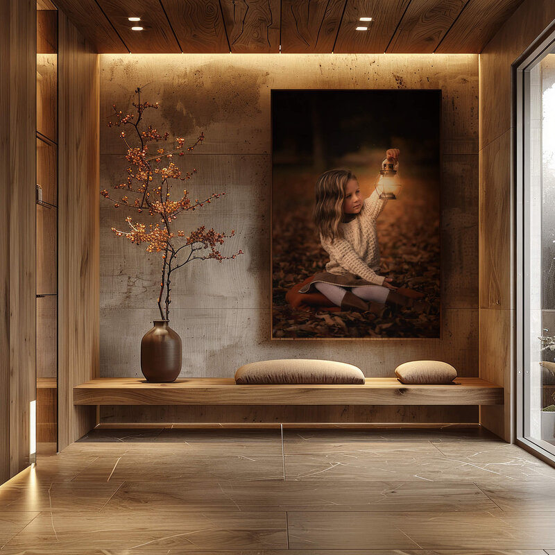 A beautiful luxury hallway features a large portrait by Brittany Danielle Photography. The portrait is of a little girl sitting on the ground while holding up a glowing lantern.