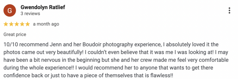 Screenshot of Google review for boudoir photography by Boudoir By Jennifer Smith