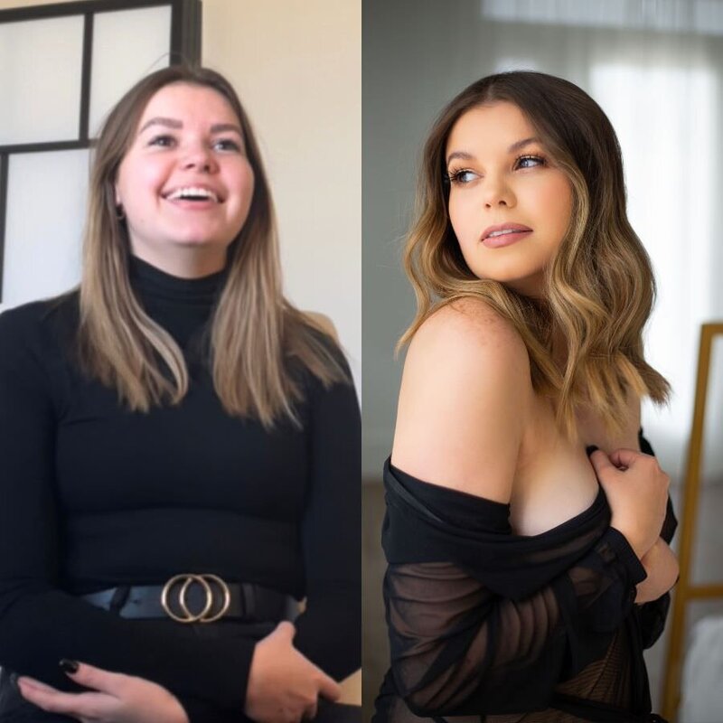 Before & after image of a young woman in her 20s with long brunette hair getting her boudoir images taken