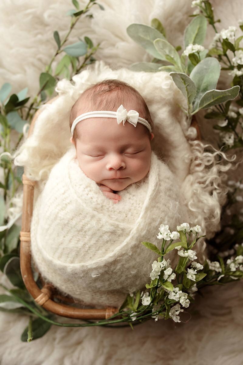 Portrait of newborn in bassinet surrounded by leaves and flowers