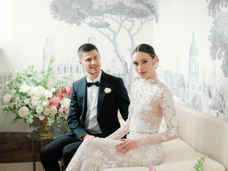 The bride and the groom in their Suite Tour Eiffel, Paris, Palais Royal