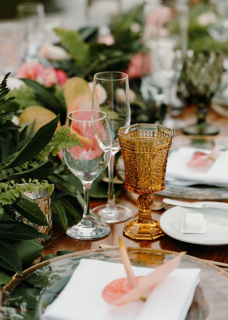 Close-up shot of a reception table showing tableware