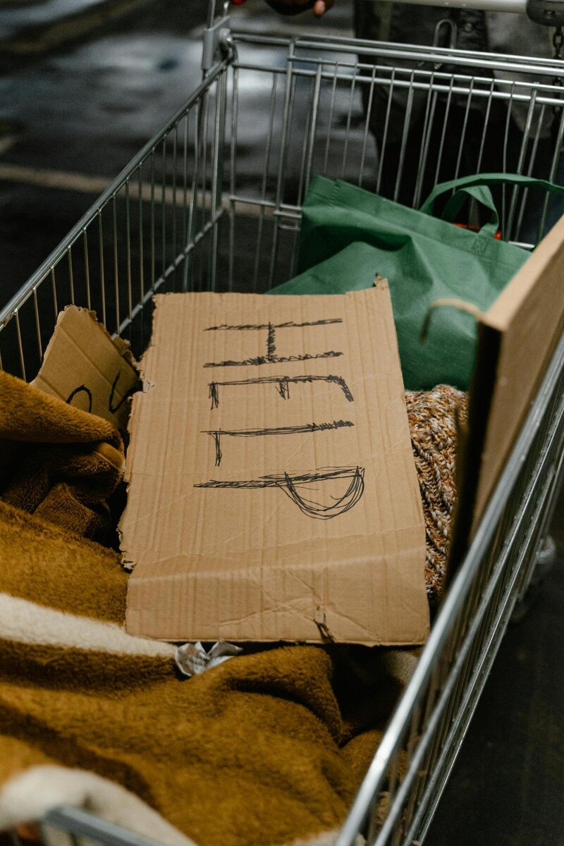 help sign written on cardboard in a metal cart