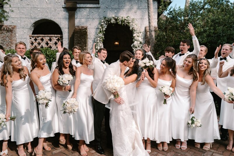 wedding party in front of Sea Island wedding chapel
