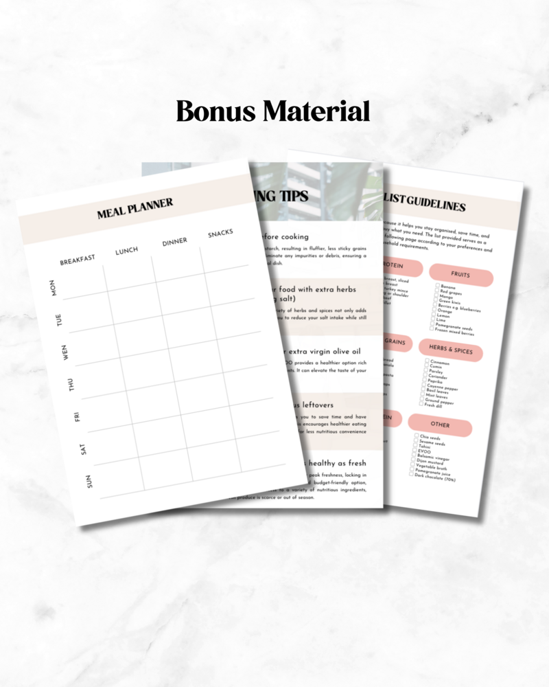 Enhance your culinary experience with our valuable bonus material, including a structured meal planner, practical cooking tips, and comprehensive gut health guidelines, all designed to simplify and enrich your journey to optimal digestive wellness.
