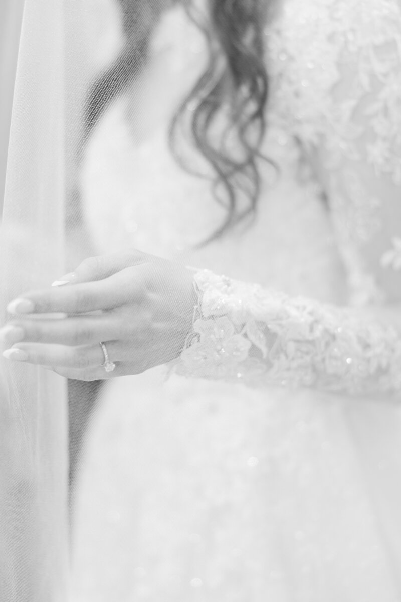 close up of the lace detail on a bride's dress
