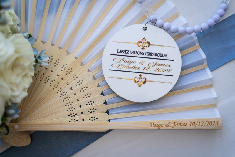Personalized beads and fan for New Orleans wedding