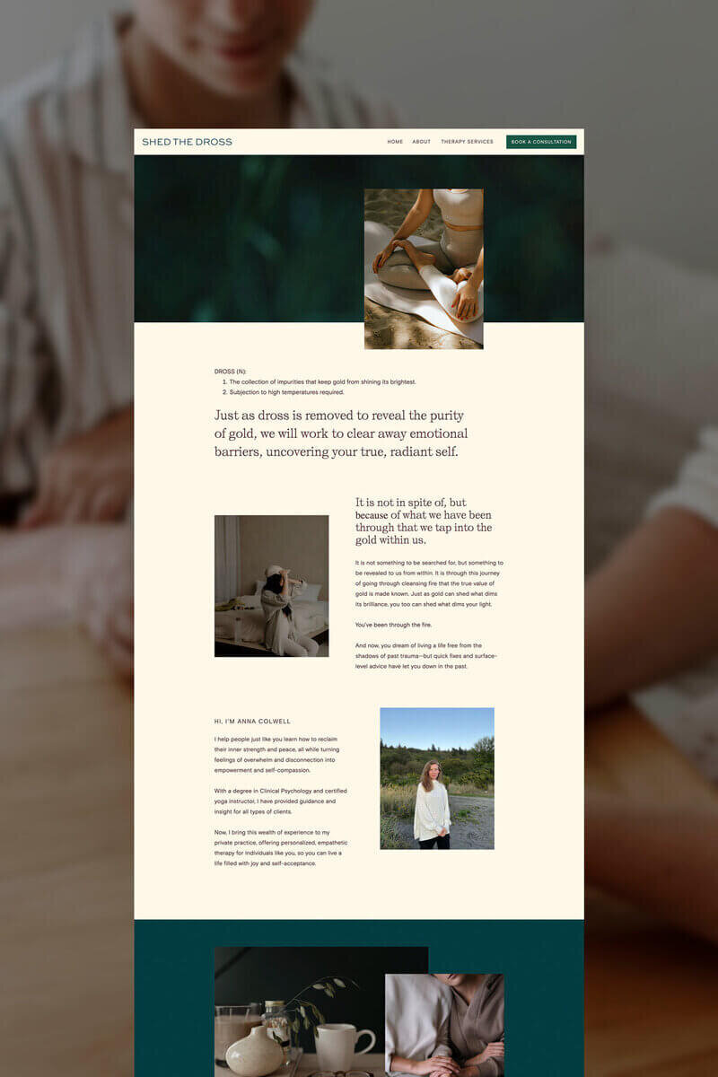 A modern website design featuring a woman in a kitchen, tailored for a therapist's branding with a focus on simplicity.
