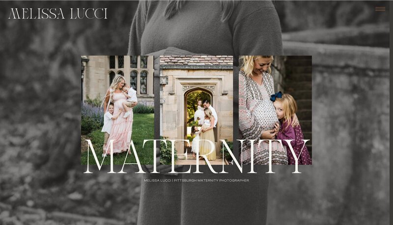 Collage of maternity photos with a pregnant woman in various poses and settings. The word "MATERNITY" is prominently displayed along with the photographer's name, Melissa Lucci, crafted with brand strategy services specializing in website design packages.