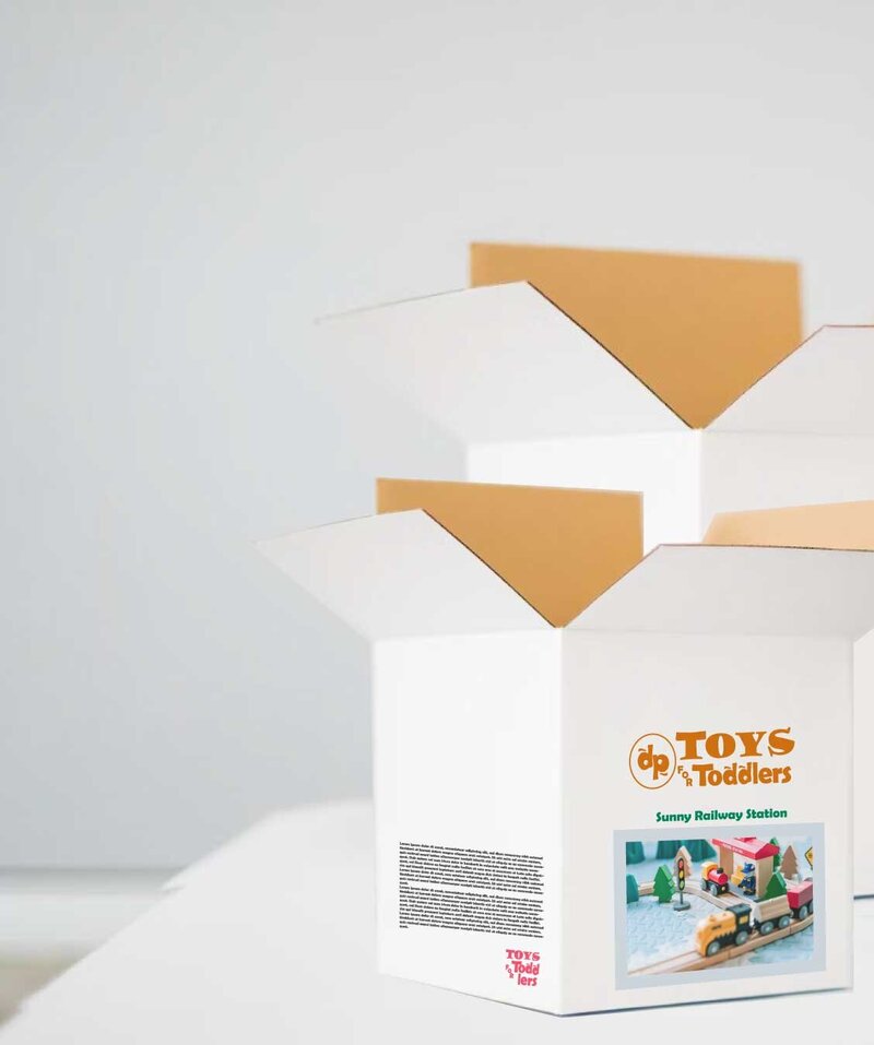 It shows the customized packaging box for a business focused on selling toys products for toddlers and kids.