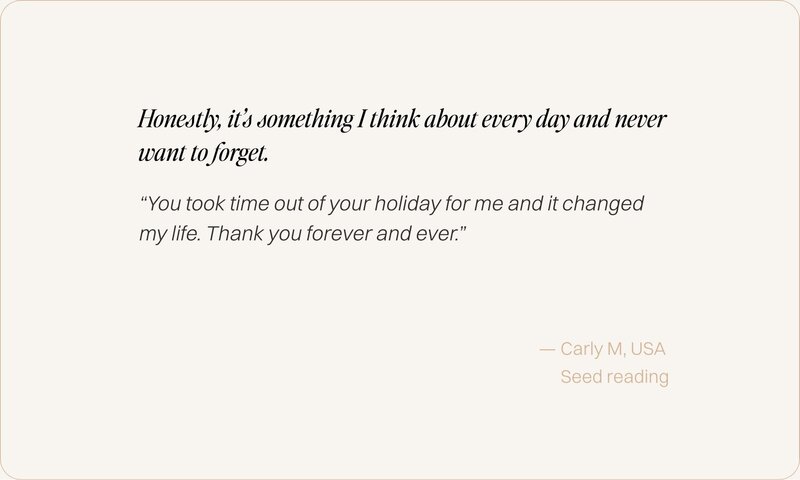 Client review graphic for Seed and Spiral astrology readings with Lidia Ranieri.