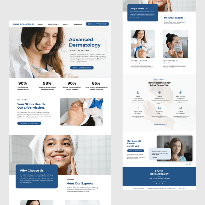 Screenshot of a dermatology clinic's website showcasing skincare services, patient success rates, and expert profiles in a professional, blue-accented layout.