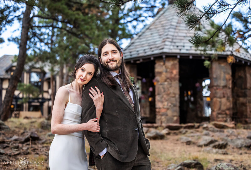 Boettcher Mansion Wedding portrait with the Stone Gazebo in the Woods in Colorado