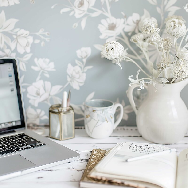 Notebook and pen styled on floral background — representing a strategic blog launch planning session with a blog coach