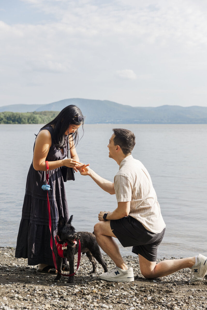 Man on one knee presenting a ring by the Hudson River with the couple's dog beside them, captured by Hudson Valley proposal photographers