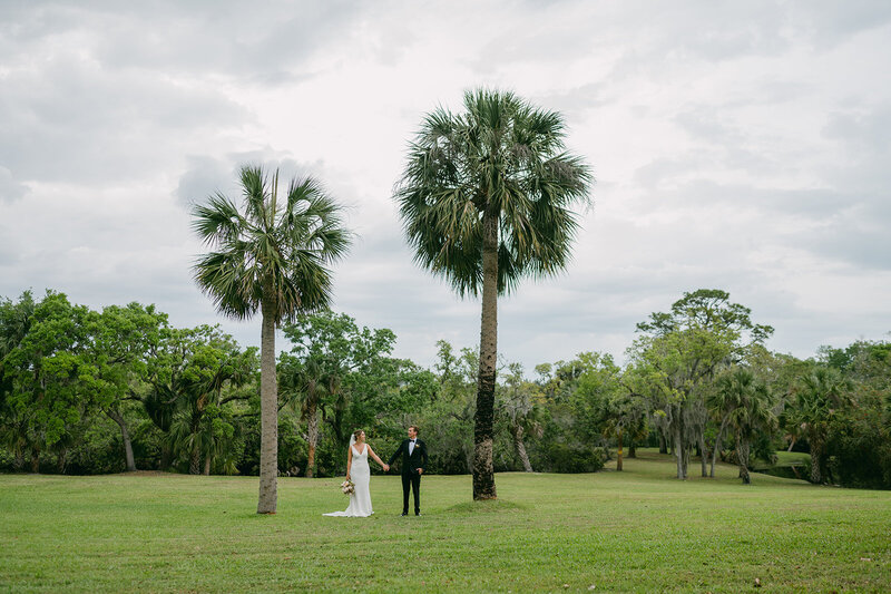 Bride and Groom hold hands in between two Palm trees on their wedding day